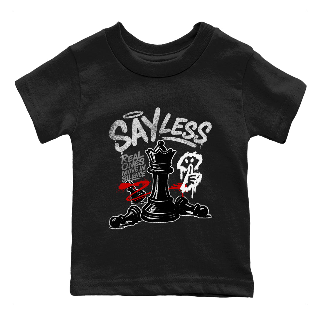 Say Less baby and kids t-shirt crafted for little sneakerheads to shine with the Air Jordan 4 White Cement sneakers, displayed in Black 2.