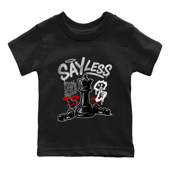 Say Less baby and kids t-shirt crafted for little sneakerheads to shine with the Air Jordan 4 White Cement sneakers, displayed in Black 2.