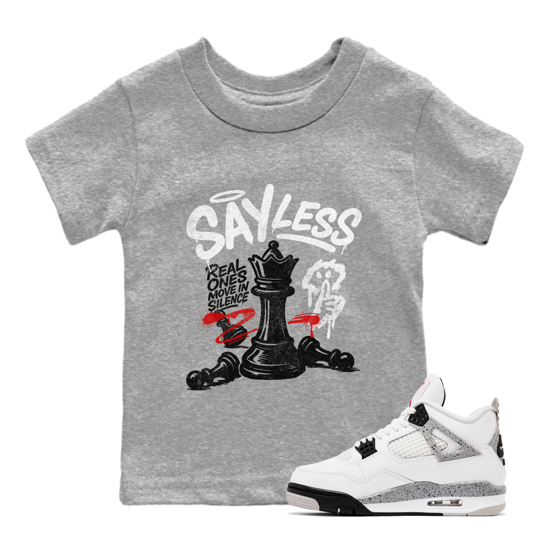 Say Less baby and kids t-shirt crafted for little sneakerheads to shine with the Air Jordan 4 White Cement sneakers, displayed in Heather Grey 1.