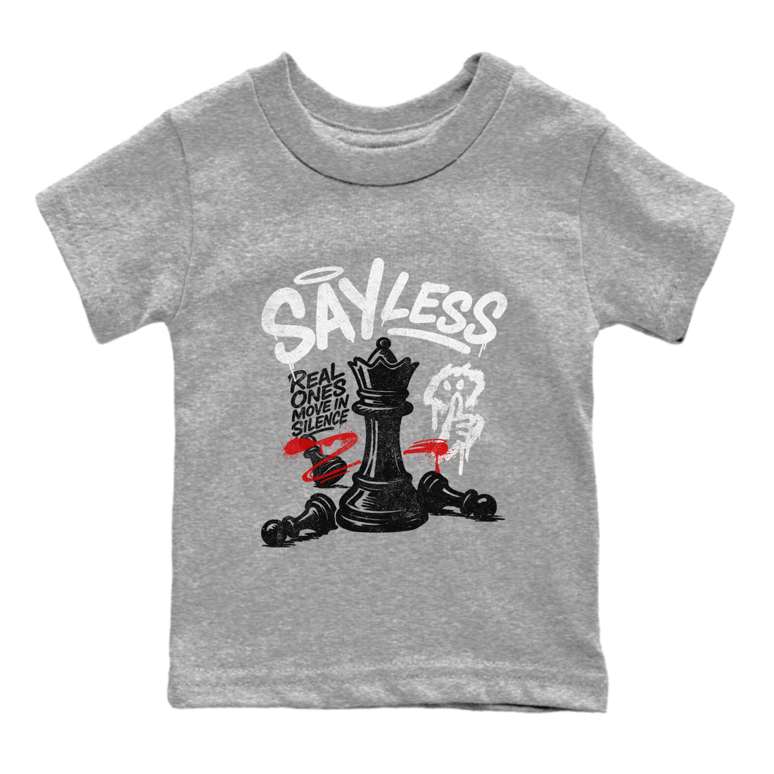 Say Less baby and kids t-shirt crafted for little sneakerheads to shine with the Air Jordan 4 White Cement sneakers, displayed in Heather Grey 2.