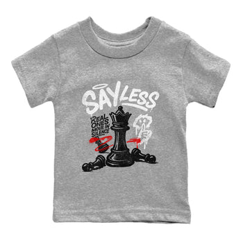 Say Less baby and kids t-shirt crafted for little sneakerheads to shine with the Air Jordan 4 White Cement sneakers, displayed in Heather Grey 2.