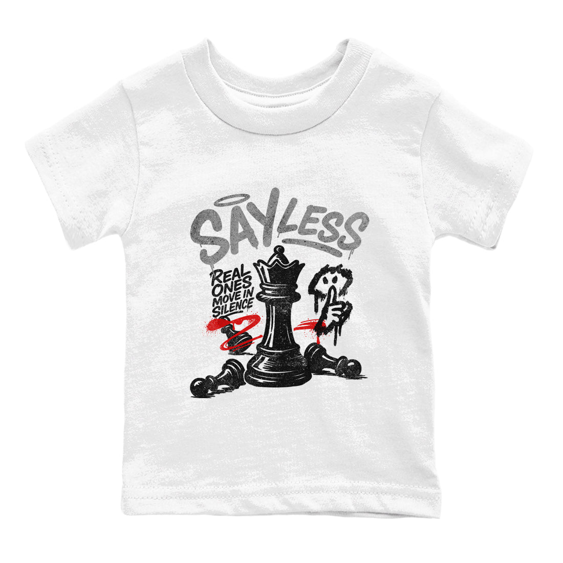 Say Less baby and kids t-shirt crafted for little sneakerheads to shine with the Air Jordan 4 White Cement sneakers, displayed in White 2.