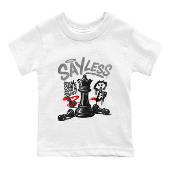 Say Less baby and kids t-shirt crafted for little sneakerheads to shine with the Air Jordan 4 White Cement sneakers, displayed in White 2.