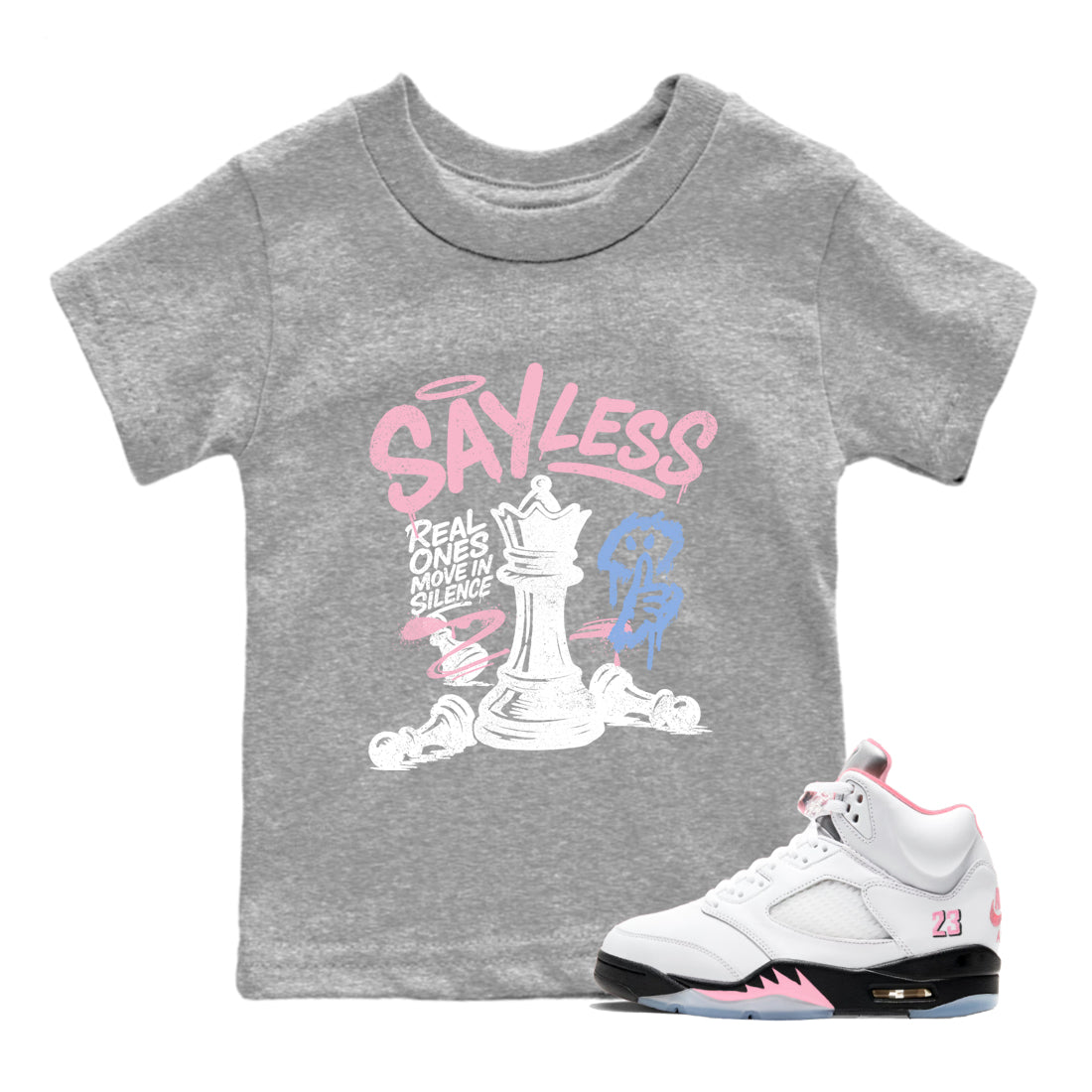 Sneaker match tees – Sneaker Tees To Match Air Jordan 5 Medium Soft Pink Shoes – Say Less Kids T-Shirt Heather Grey 1