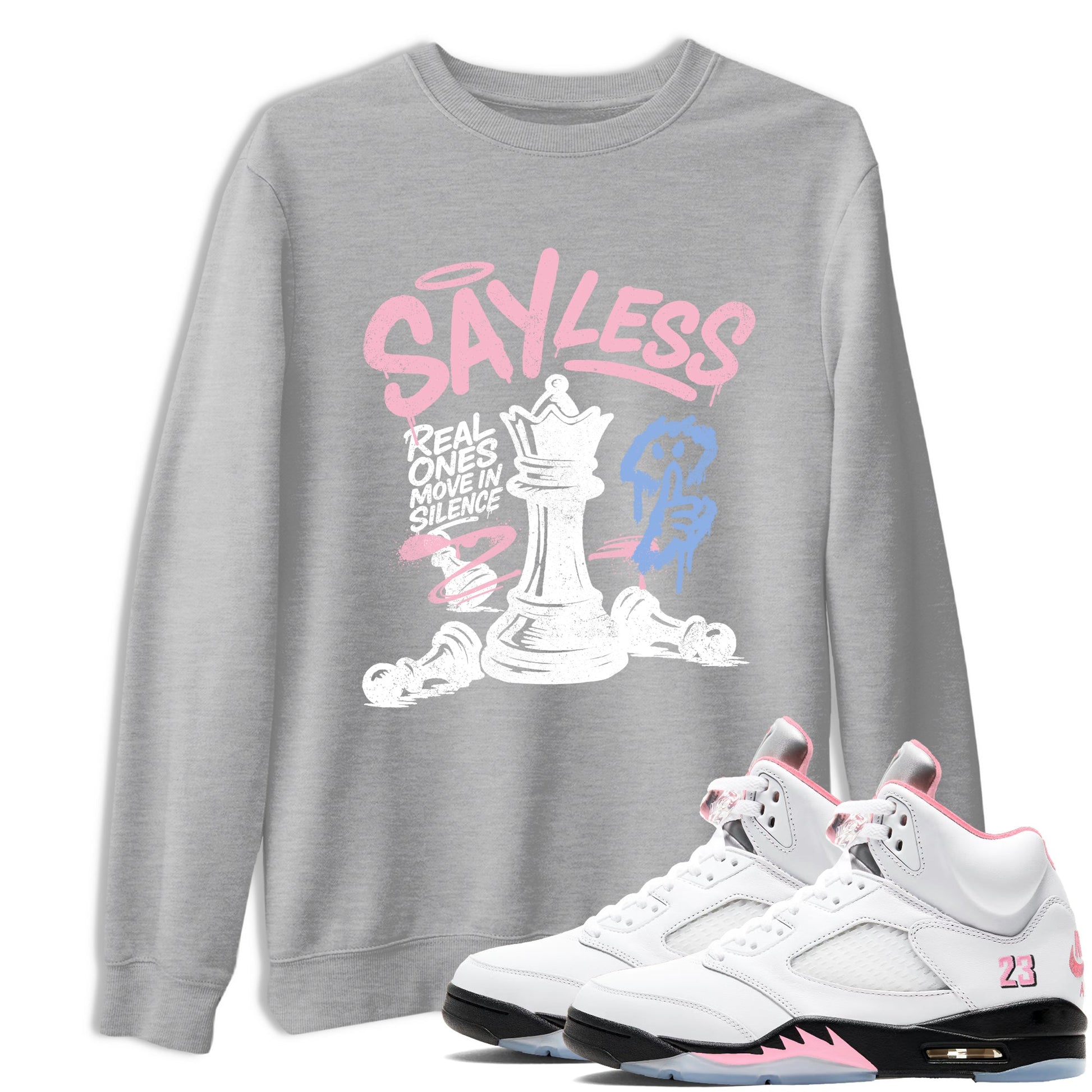 Sneaker match tees – Sneaker Tees To Match Air Jordan 5 Medium Soft Pink Shoes – Say Less Tee Heather Grey 1
