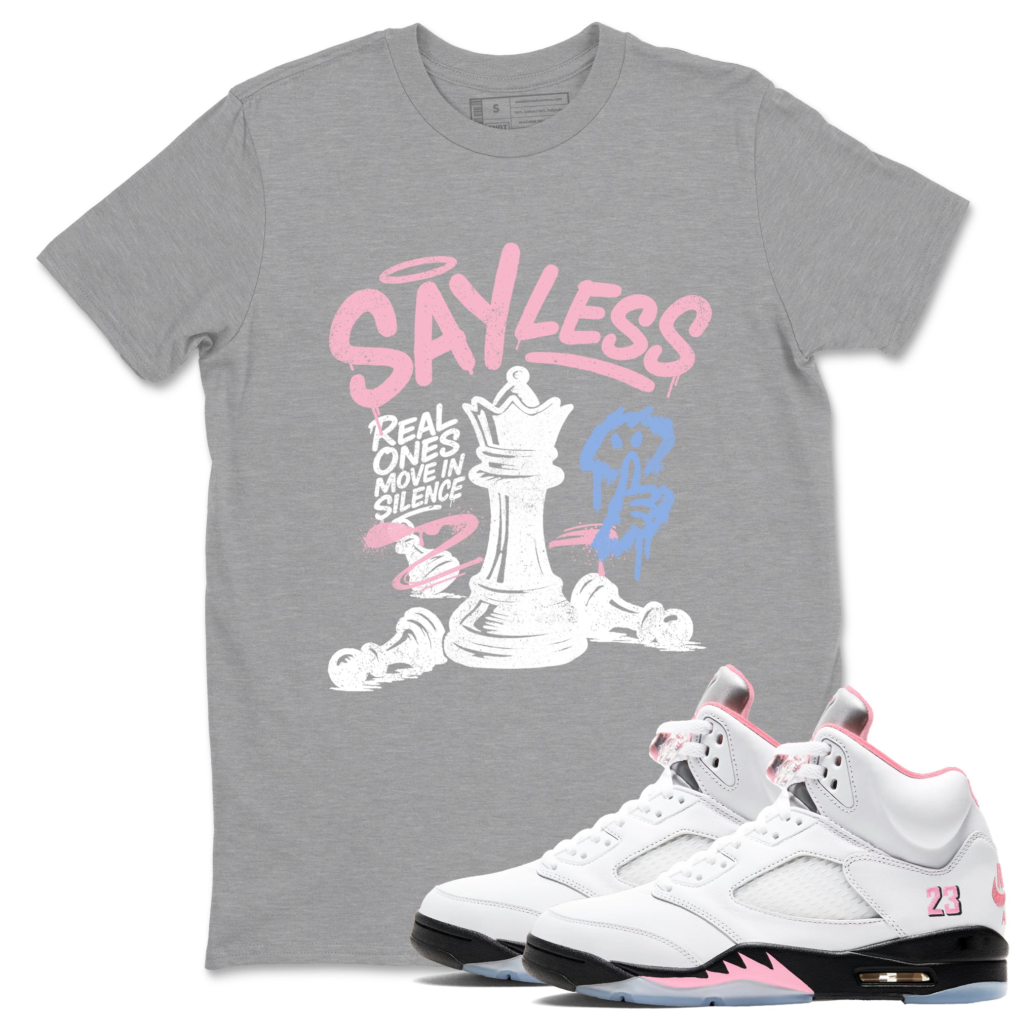 Sneaker match tees – Sneaker Tees To Match Air Jordan 5 Medium Soft Pink Shoes – Say Less Tee Heather Grey 1