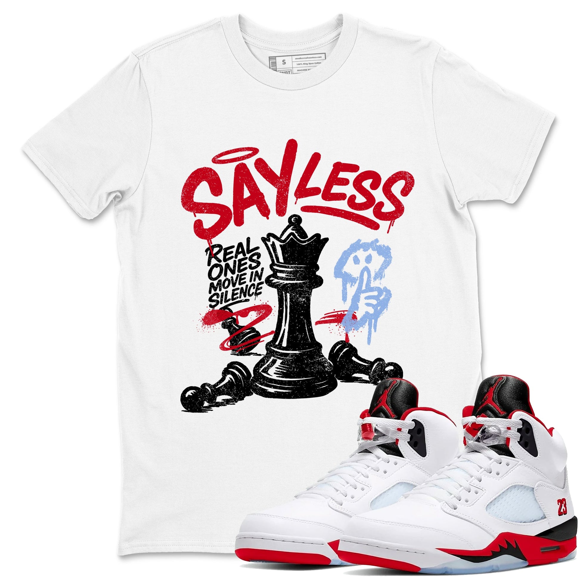 Sneaker match tees – Sneaker Tees To Match Air Jordan 5 Fire Red Shoes – Say Less Tee White 1