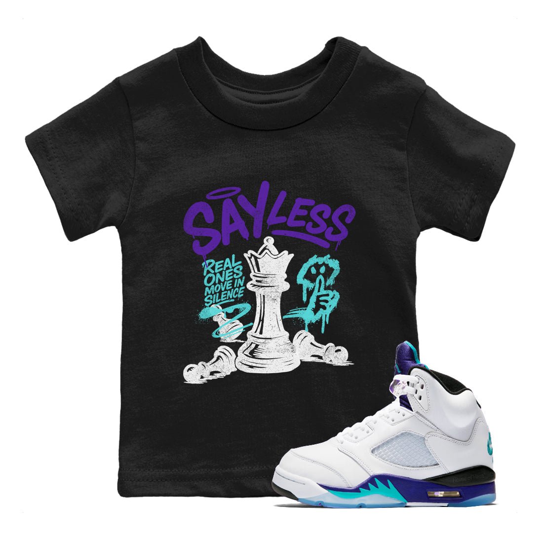 Say Less baby and kids t-shirt crafted for little sneakerheads to shine with the Air Jordan 5 Grape sneakers, displayed in Black 1.
