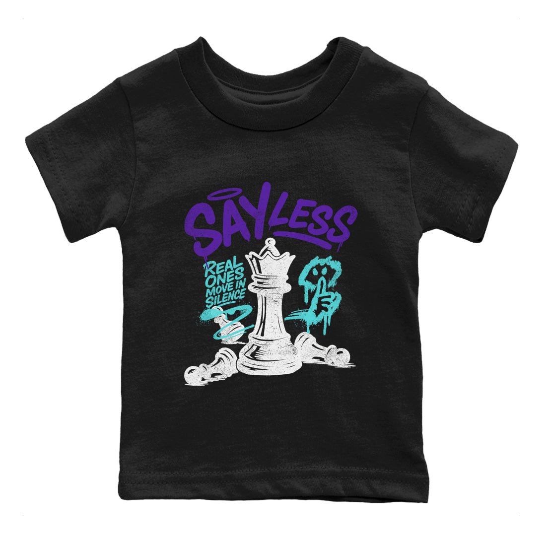 Say Less baby and kids t-shirt crafted for little sneakerheads to shine with the Air Jordan 5 Grape sneakers, displayed in Black 2.