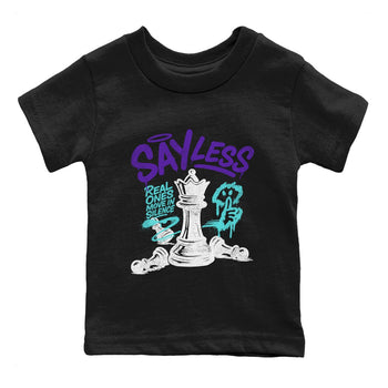 Say Less baby and kids t-shirt crafted for little sneakerheads to shine with the Air Jordan 5 Grape sneakers, displayed in Black 2.