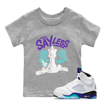 Say Less baby and kids t-shirt crafted for little sneakerheads to shine with the Air Jordan 5 Grape sneakers, displayed in Heather Grey 1.