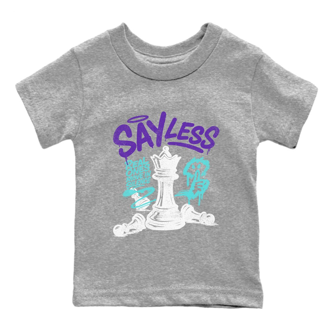 Say Less baby and kids t-shirt crafted for little sneakerheads to shine with the Air Jordan 5 Grape sneakers, displayed in Heather Grey 2.