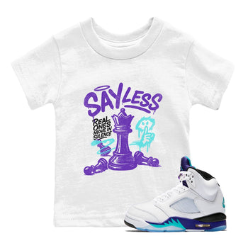 Say Less baby and kids t-shirt crafted for little sneakerheads to shine with the Air Jordan 5 Grape sneakers, displayed in White 1.