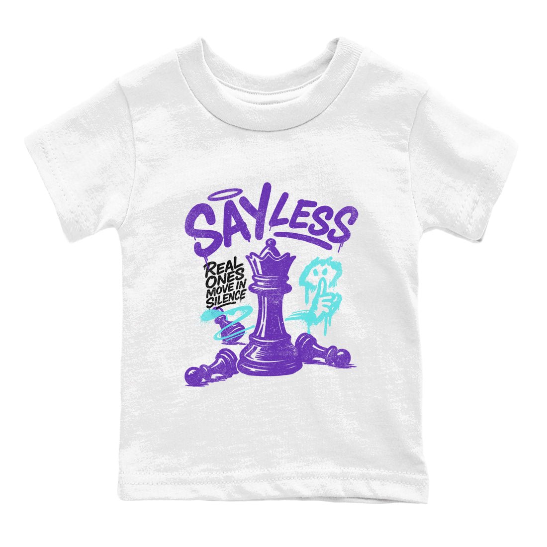 Say Less baby and kids t-shirt crafted for little sneakerheads to shine with the Air Jordan 5 Grape sneakers, displayed in White 2.