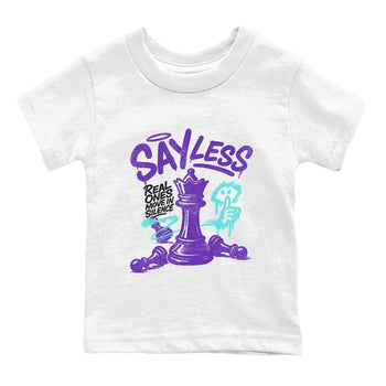 Say Less baby and kids t-shirt crafted for little sneakerheads to shine with the Air Jordan 5 Grape sneakers, displayed in White 2.