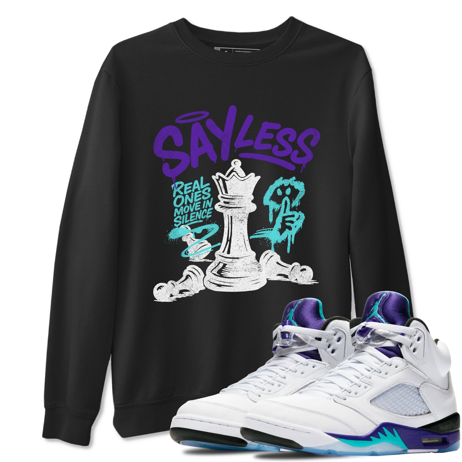 Say Less sneaker match t-shirt styled to complete your fit with the Air Jordan 5 Grape sneakers, shown in Black 1.
