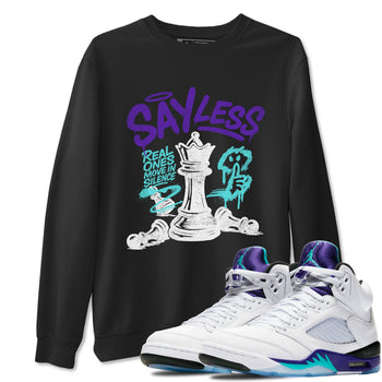 Say Less sneaker match t-shirt styled to complete your fit with the Air Jordan 5 Grape sneakers, shown in Black 1.