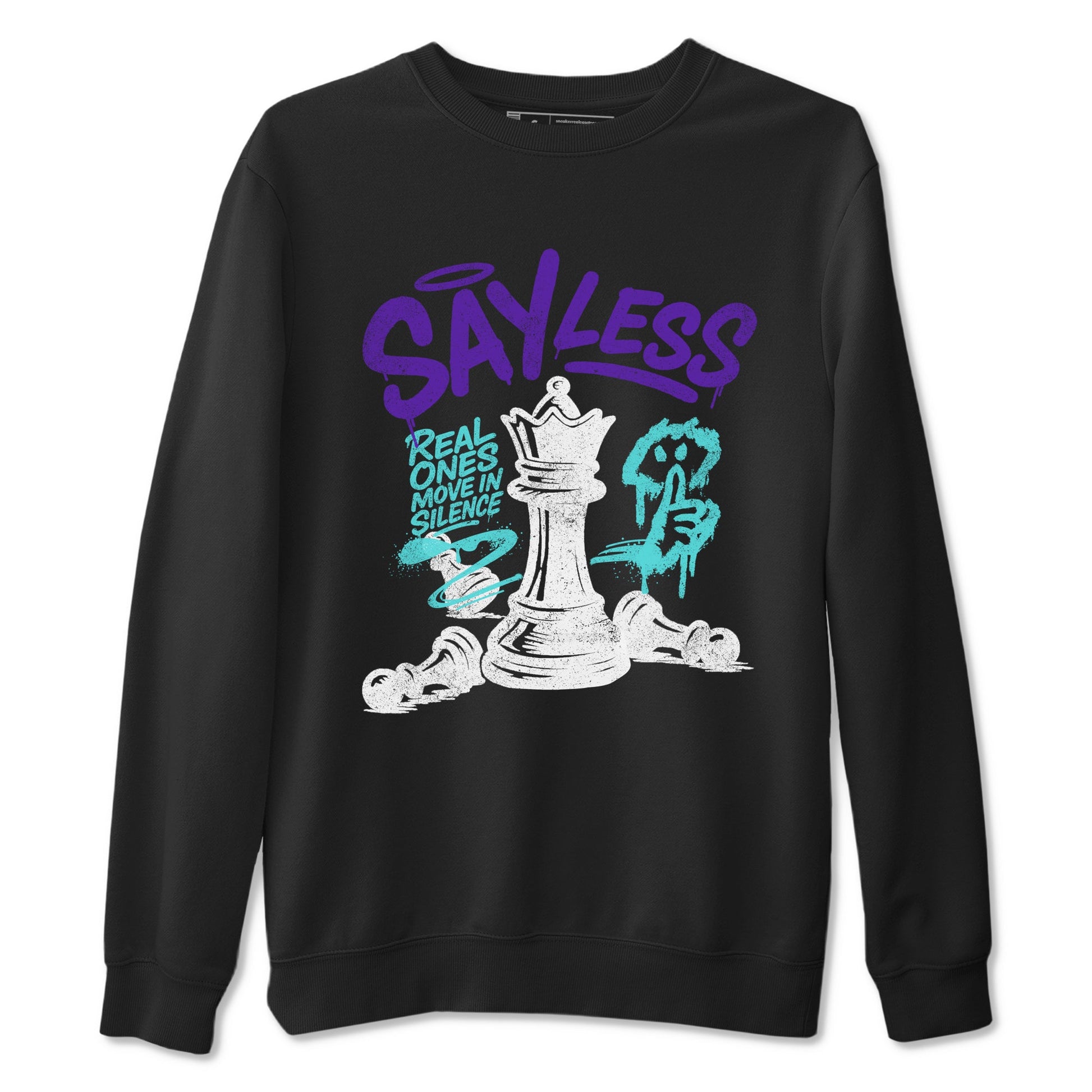Say Less sneaker match t-shirt styled to complete your fit with the Air Jordan 5 Grape sneakers, shown in Black 2.