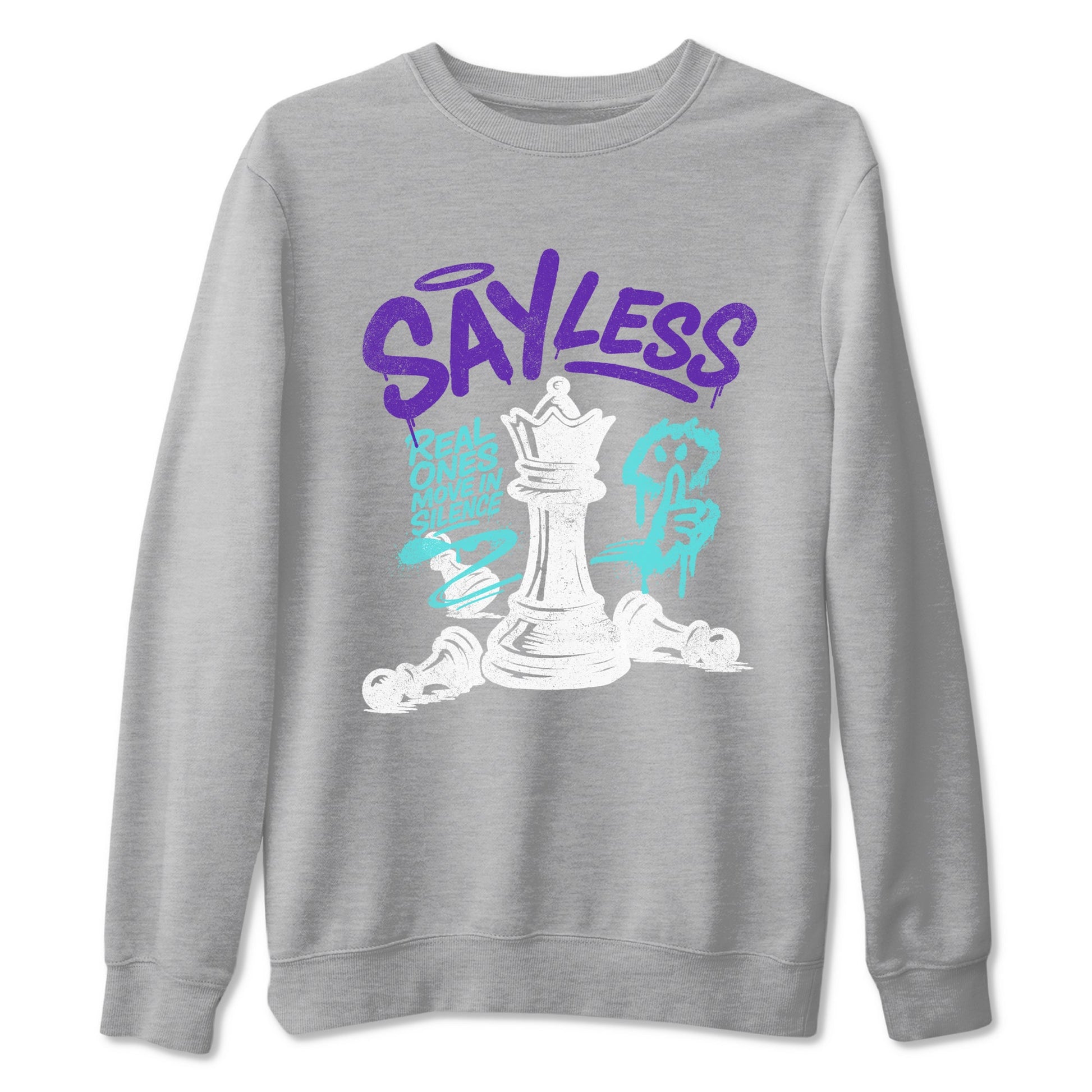 Say Less sneaker match t-shirt styled to complete your fit with the Air Jordan 5 Grape sneakers, shown in Heather Grey 2.