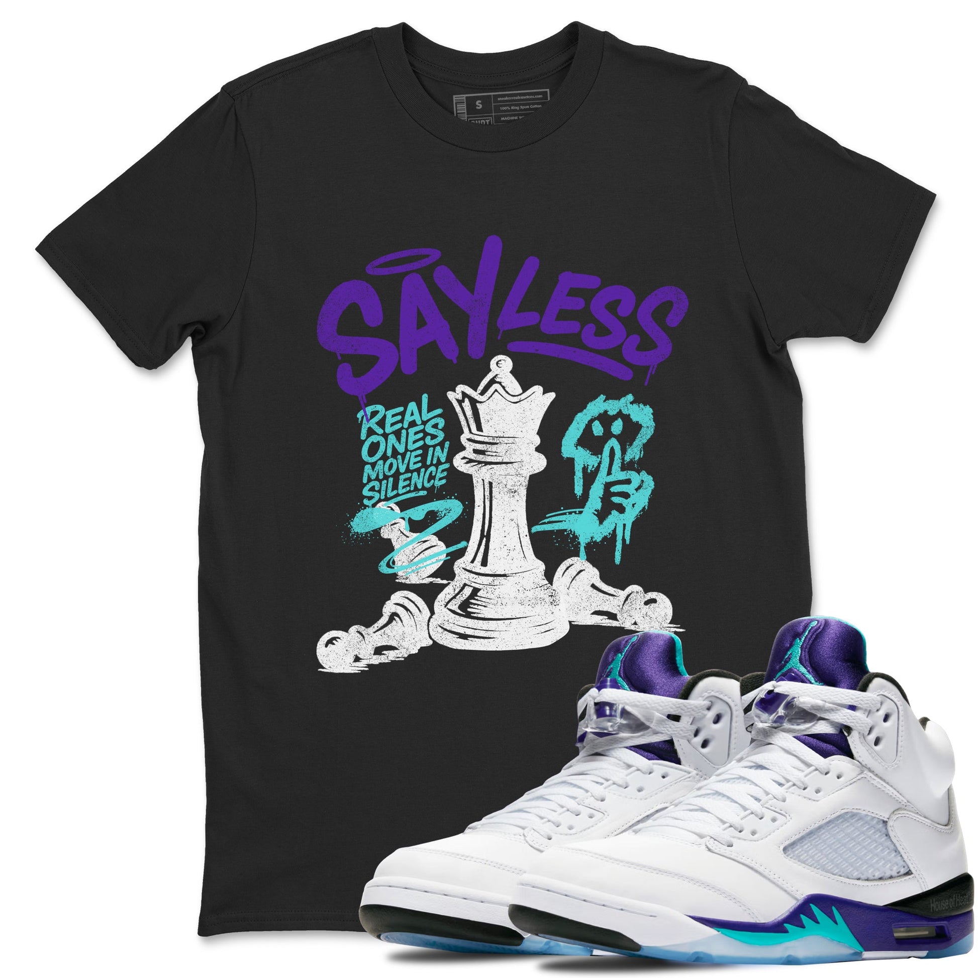 Say Less sneaker match t-shirt styled to complete your fit with the Air Jordan 5 Grape sneakers, shown in Black 1.