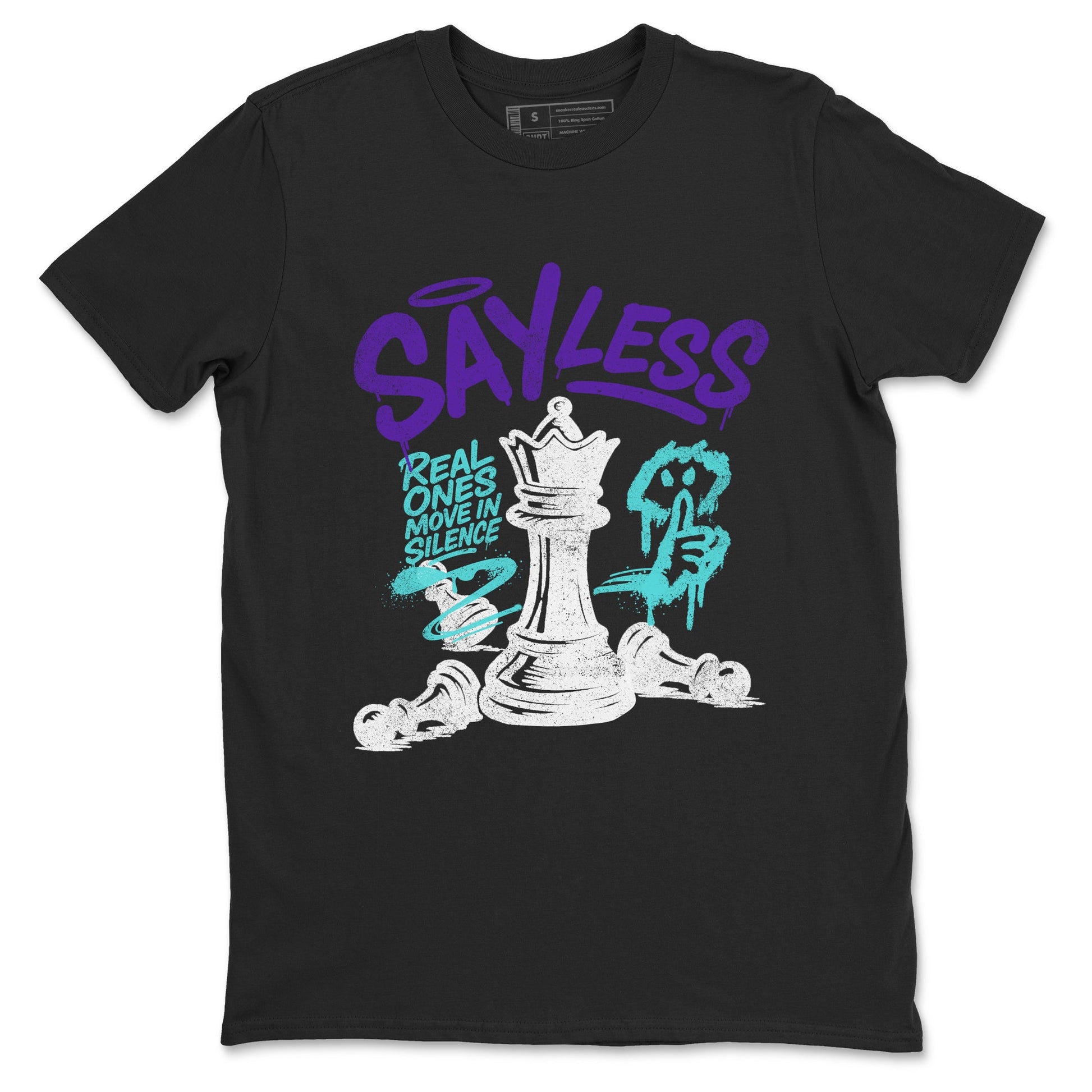 Say Less sneaker match t-shirt styled to complete your fit with the Air Jordan 5 Grape sneakers, shown in Black 2.