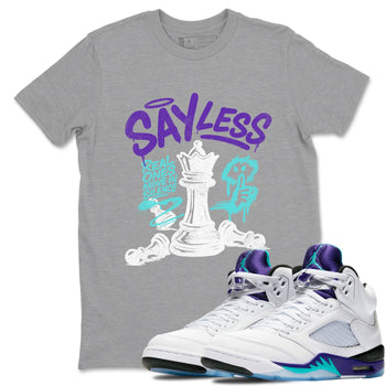 Say Less sneaker match t-shirt styled to complete your fit with the Air Jordan 5 Grape sneakers, shown in Heather Grey 1.