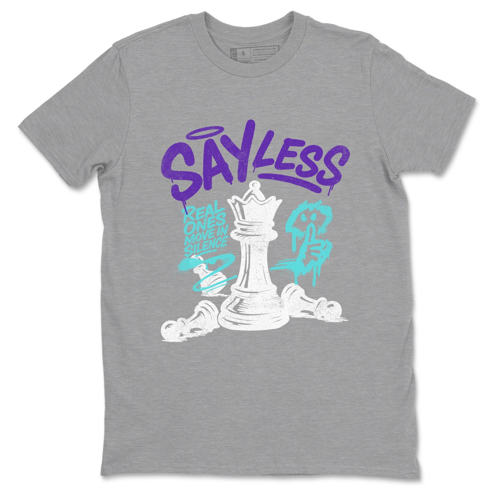 Say Less sneaker match t-shirt styled to complete your fit with the Air Jordan 5 Grape sneakers, shown in Heather Grey 2.