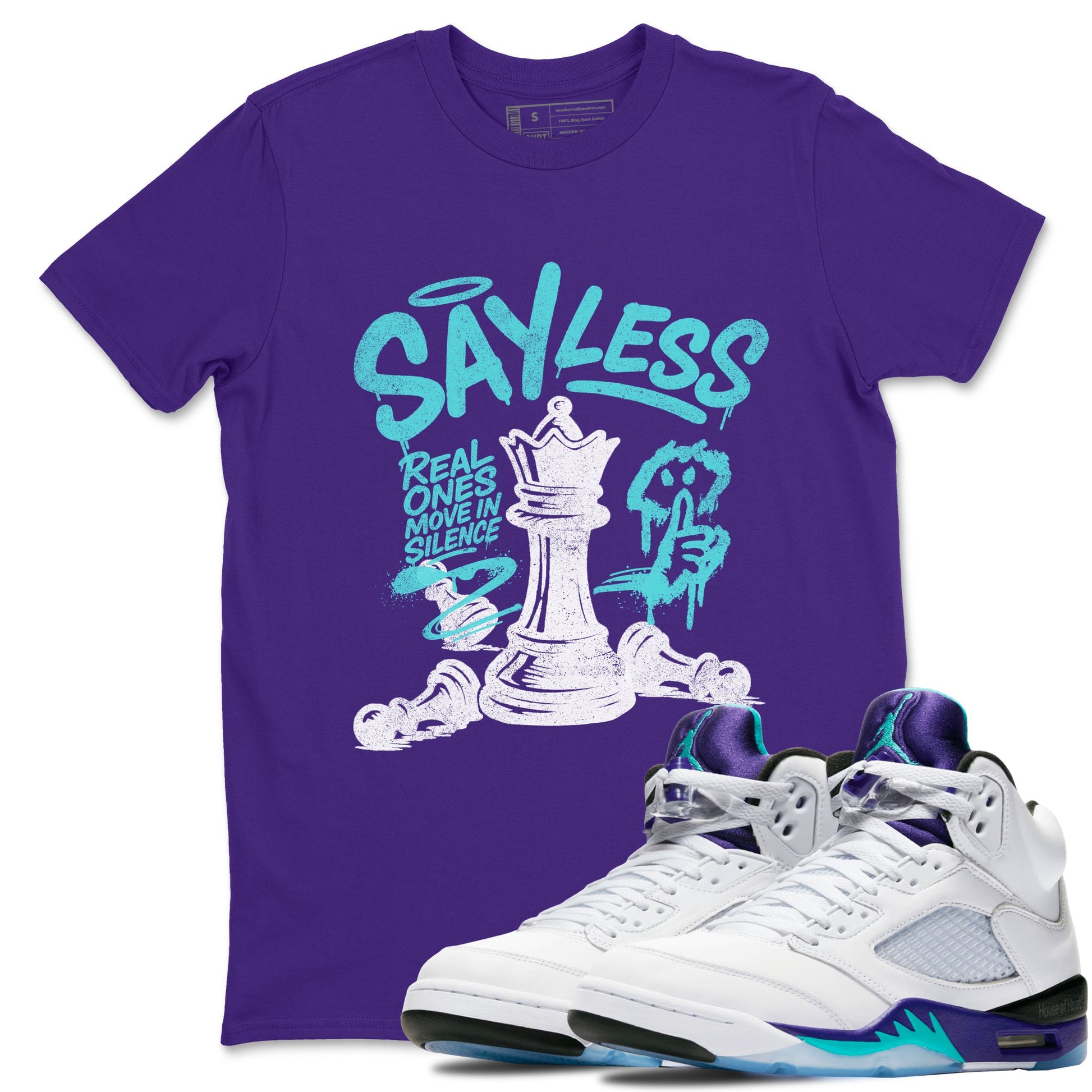 Say Less sneaker match t-shirt styled to complete your fit with the Air Jordan 5 Grape sneakers, shown in Purple 1.