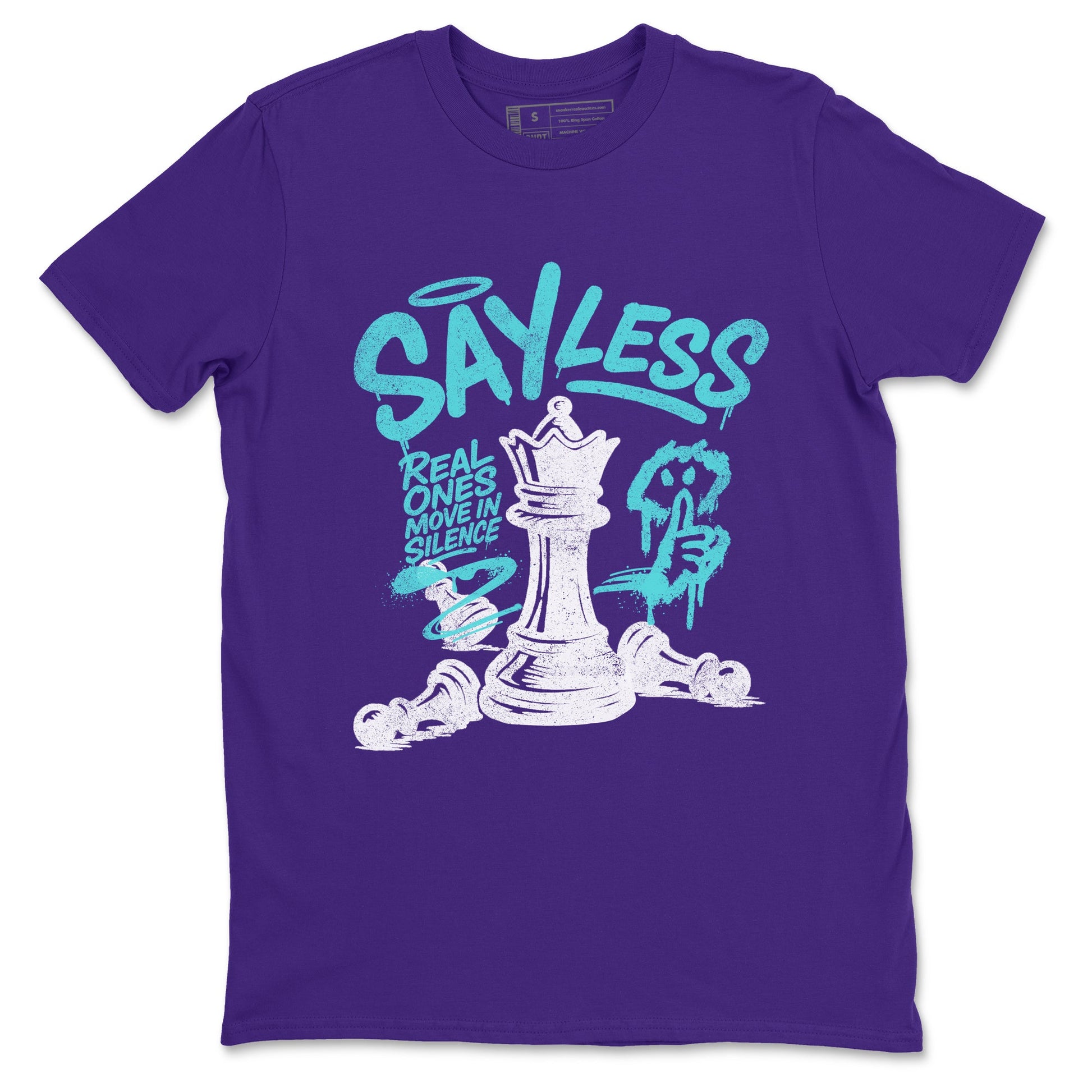 Say Less sneaker match t-shirt styled to complete your fit with the Air Jordan 5 Grape sneakers, shown in Purple 2.