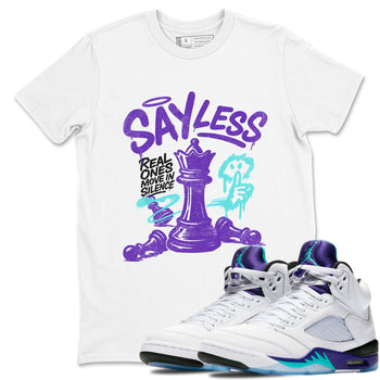 Say Less sneaker match t-shirt styled to complete your fit with the Air Jordan 5 Grape sneakers, shown in White 1.