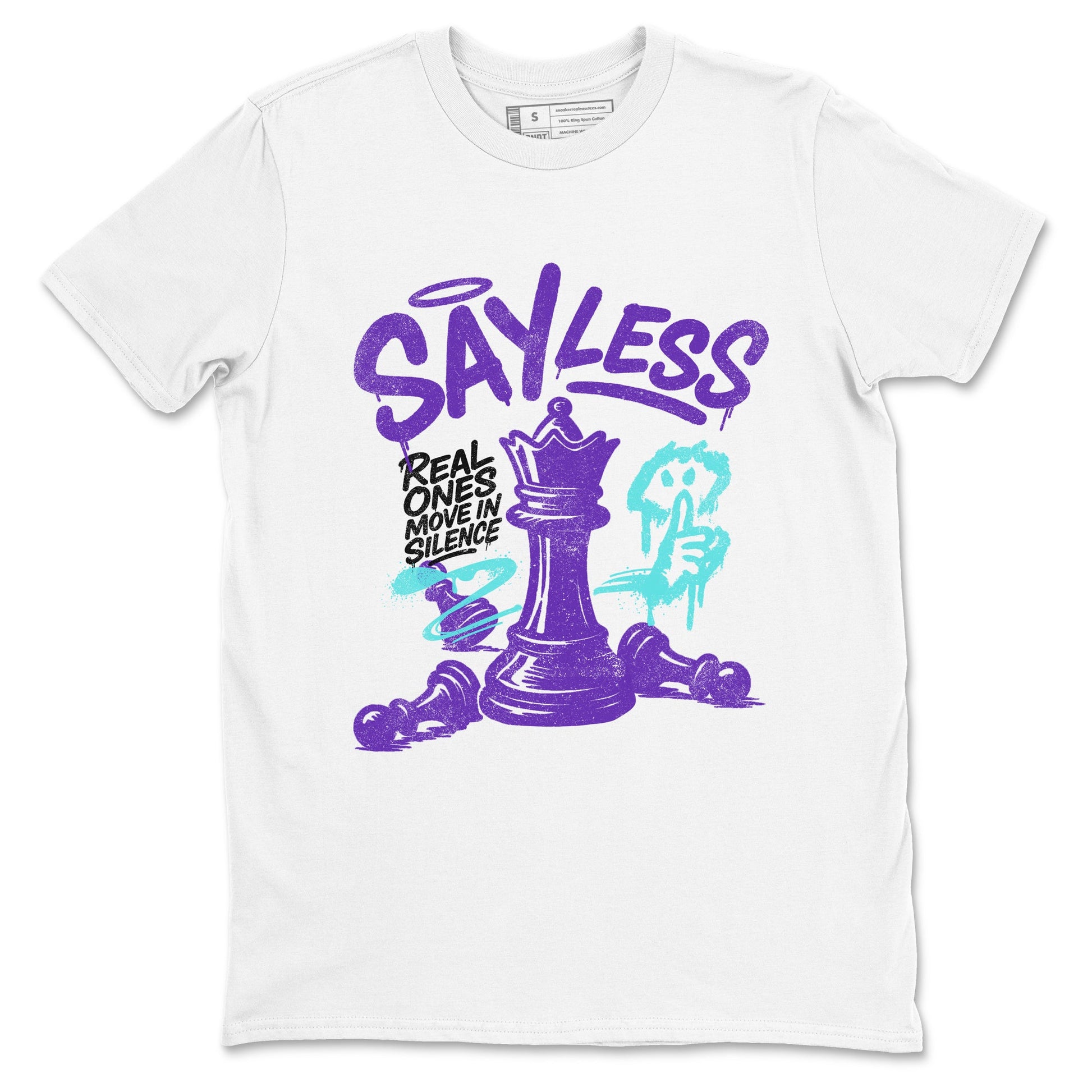 Say Less sneaker match t-shirt styled to complete your fit with the Air Jordan 5 Grape sneakers, shown in White 2.