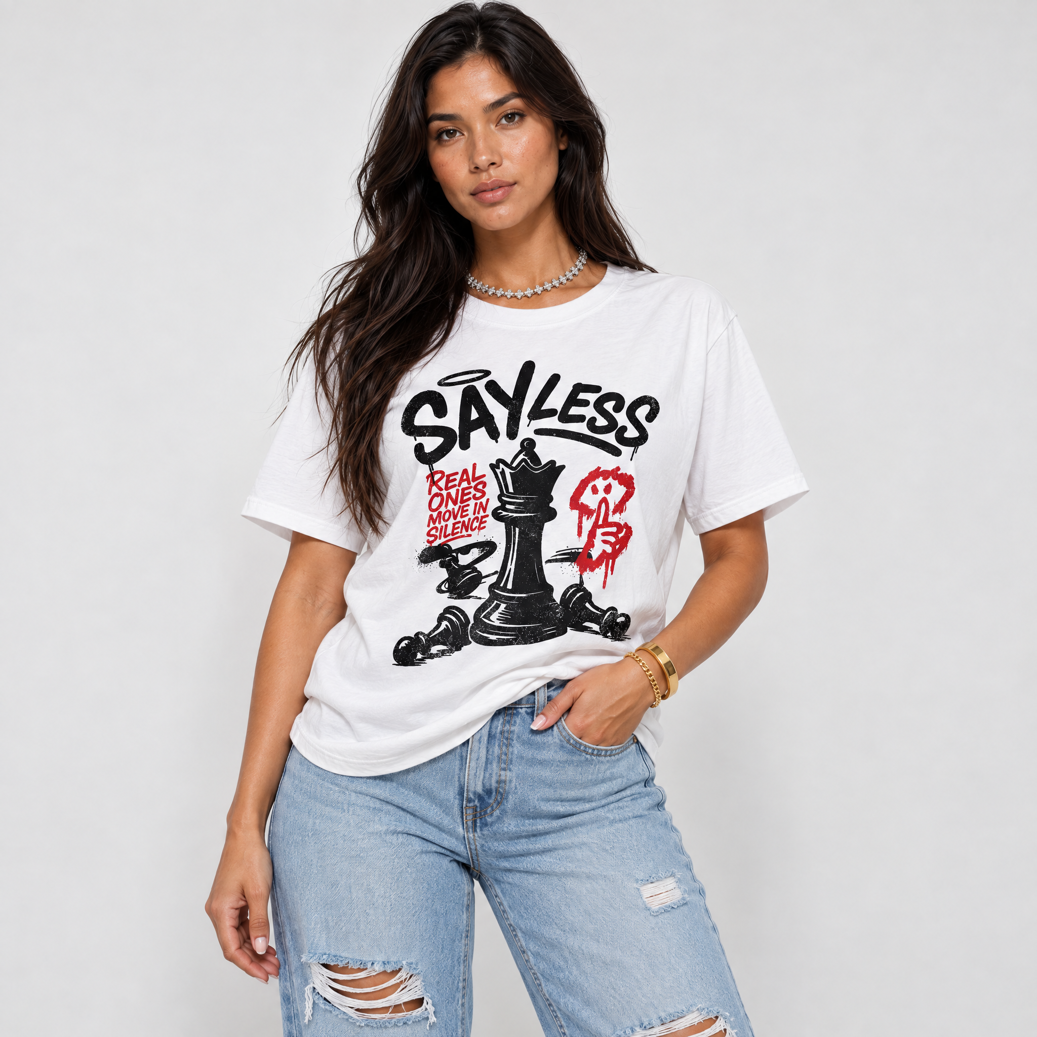 Say Less Graphic T-Shirt featuring original streetwear artwork designed to match the Air Jordan 9 True Red. White 1 Graphic T-Shirt.