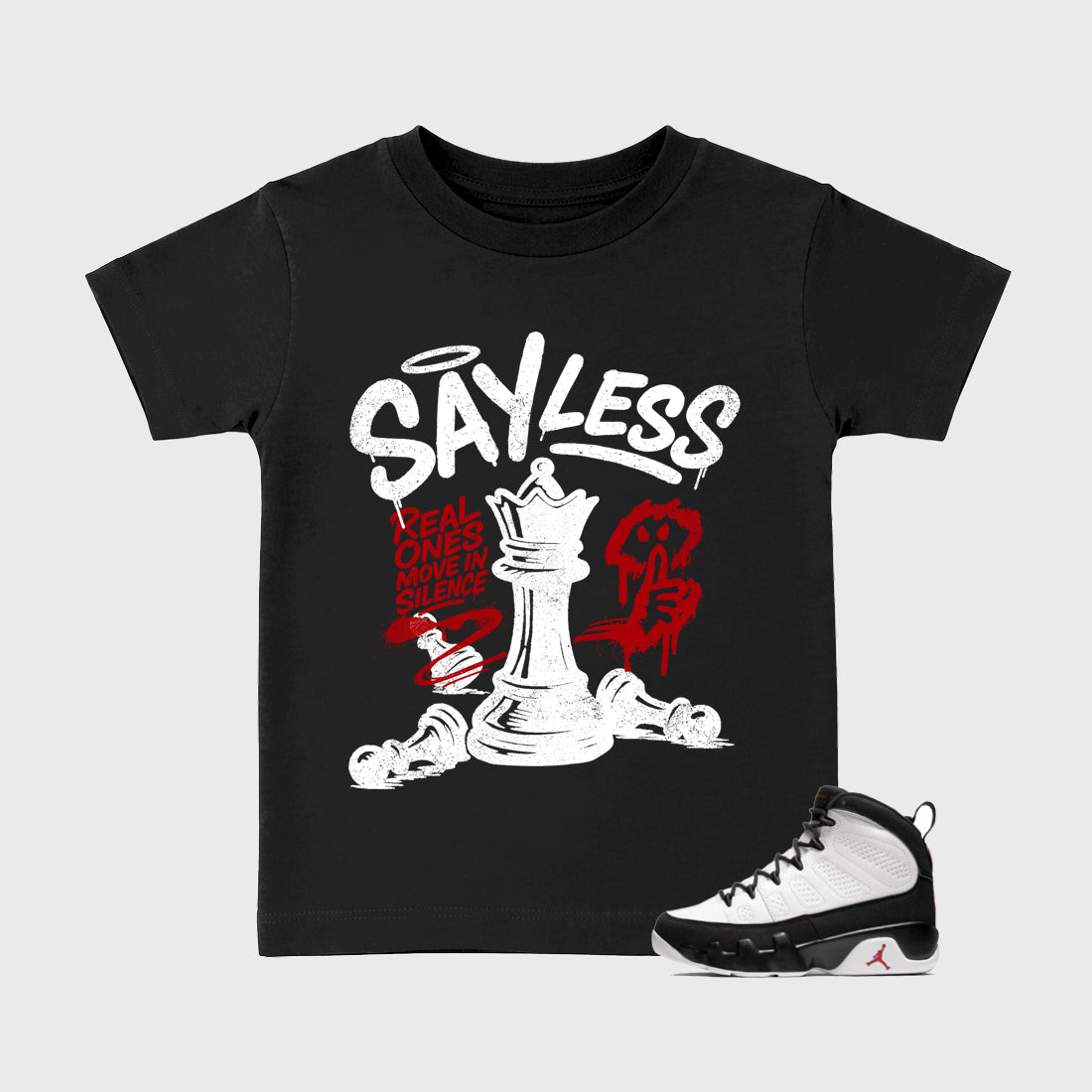 Say Less Baby & Kids Graphic T-Shirt featuring original artwork designed to match the Air Jordan 9 True Red. Black 1 Kids Graphic Tee.