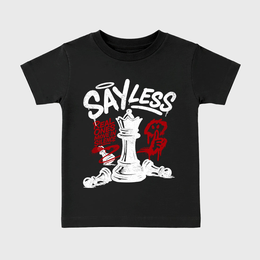 Say Less Baby & Kids Graphic T-Shirt featuring original artwork designed to match the Air Jordan 9 True Red. Black 2 Kids Graphic Tee.