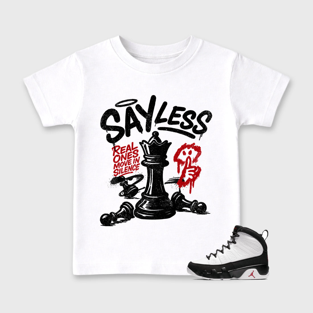 Say Less Baby & Kids Graphic T-Shirt featuring original artwork designed to match the Air Jordan 9 True Red. White 1 Kids Graphic Tee.