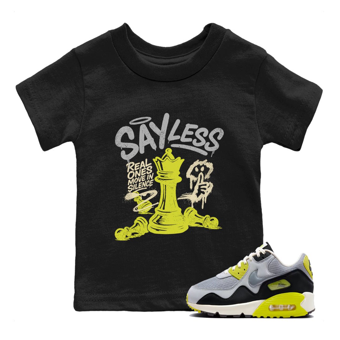 Say Less baby and kids t-shirt crafted for little sneakerheads to shine with the Air Max 90 Cyber sneakers, displayed in Black 1.