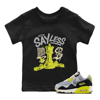Say Less baby and kids t-shirt crafted for little sneakerheads to shine with the Air Max 90 Cyber sneakers, displayed in Black 1.