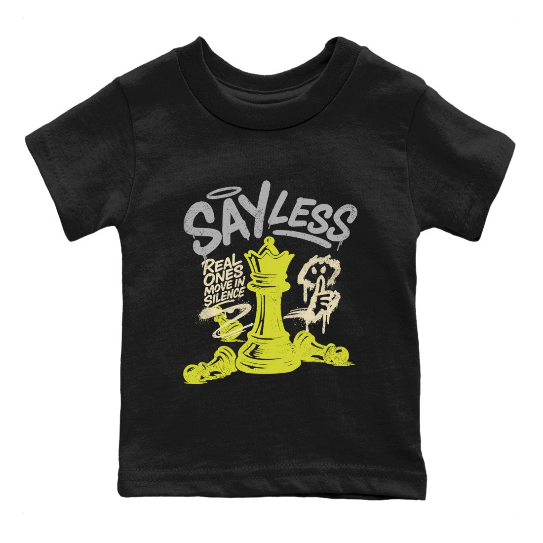 Say Less baby and kids t-shirt crafted for little sneakerheads to shine with the Air Max 90 Cyber sneakers, displayed in Black 2.