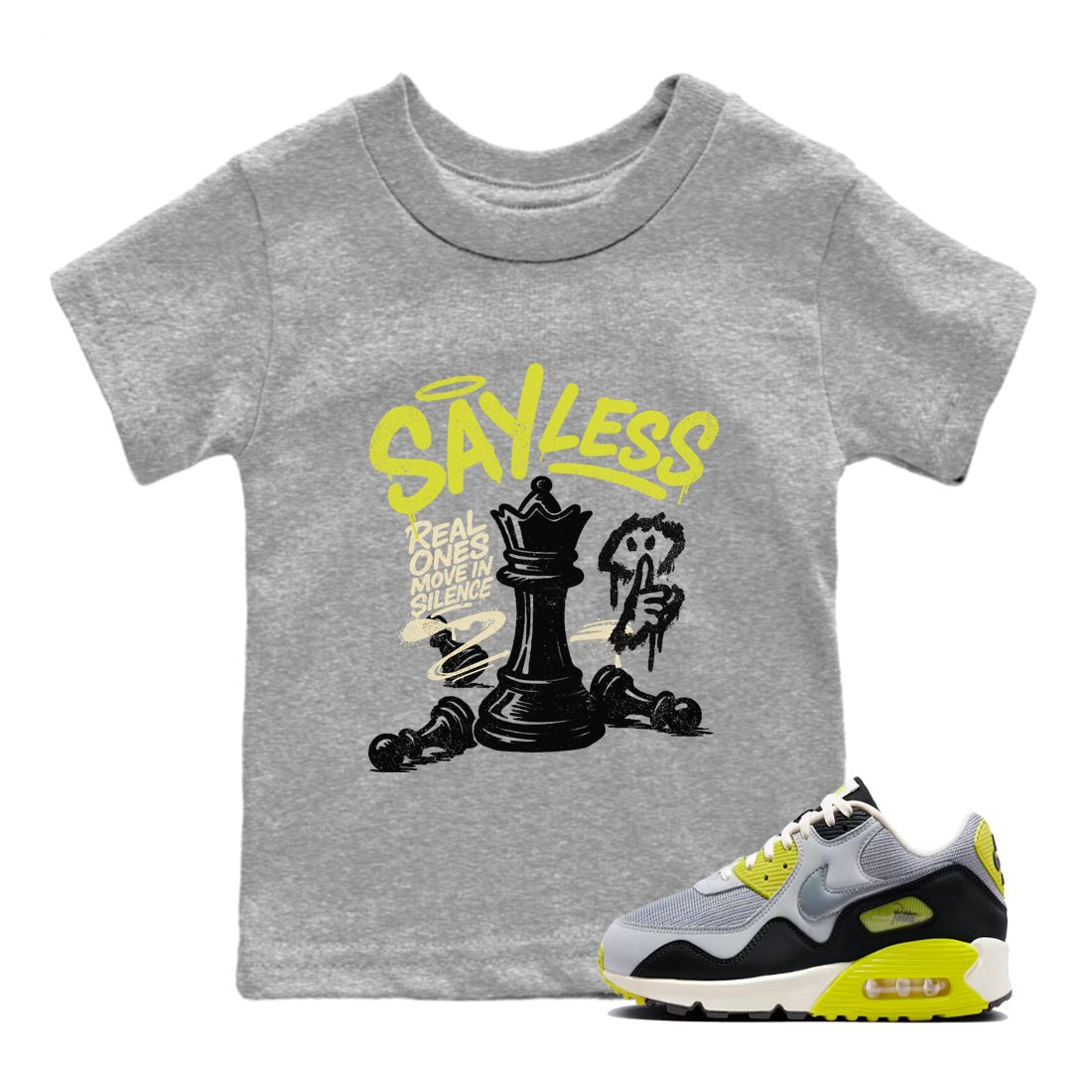 Say Less baby and kids t-shirt crafted for little sneakerheads to shine with the Air Max 90 Cyber sneakers, displayed in Heather Grey 1.