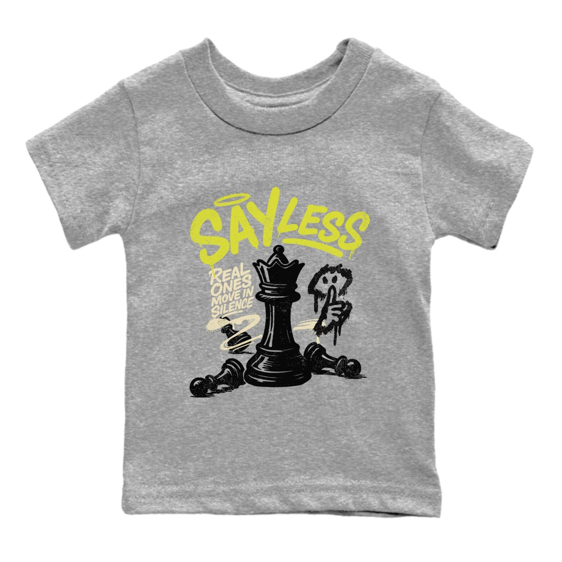 Say Less baby and kids t-shirt crafted for little sneakerheads to shine with the Air Max 90 Cyber sneakers, displayed in Heather Grey 2.