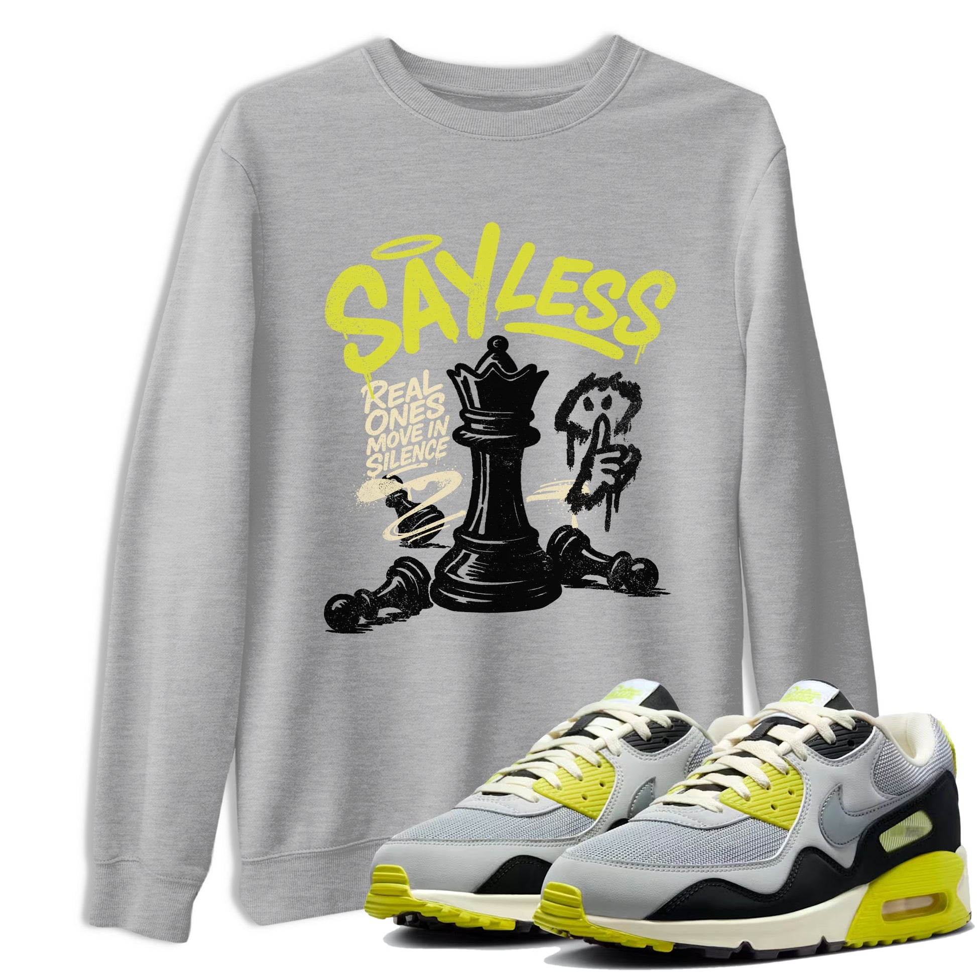 Say Less sneaker match t-shirt styled to complete your fit with the Air Max 90 Cyber sneakers, shown in Heather Grey 1.