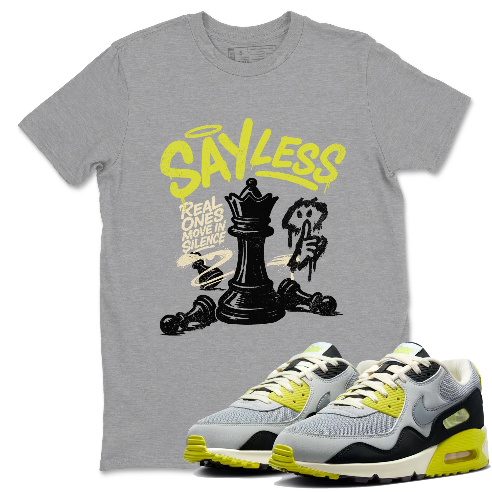 Say Less sneaker match t-shirt styled to complete your fit with the Air Max 90 Cyber sneakers, shown in Heather Grey 1.