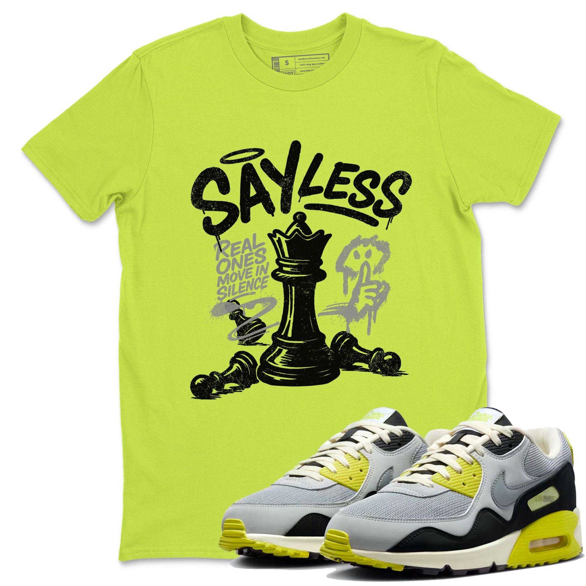 Say Less sneaker match t-shirt styled to complete your fit with the Air Max 90 Cyber sneakers, shown in Safety Green 1.