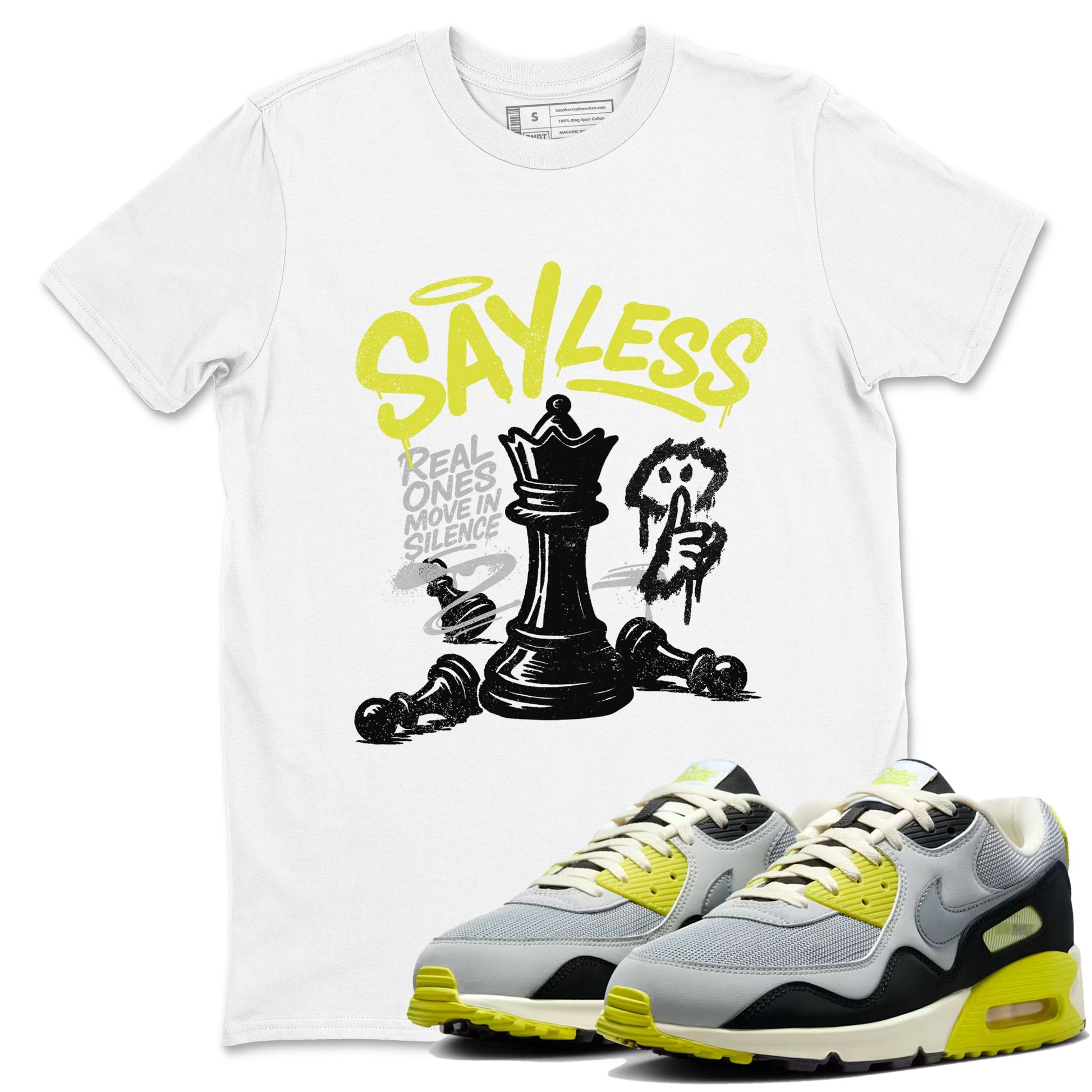 Say Less sneaker match t-shirt styled to complete your fit with the Air Max 90 Cyber sneakers, shown in White 1.