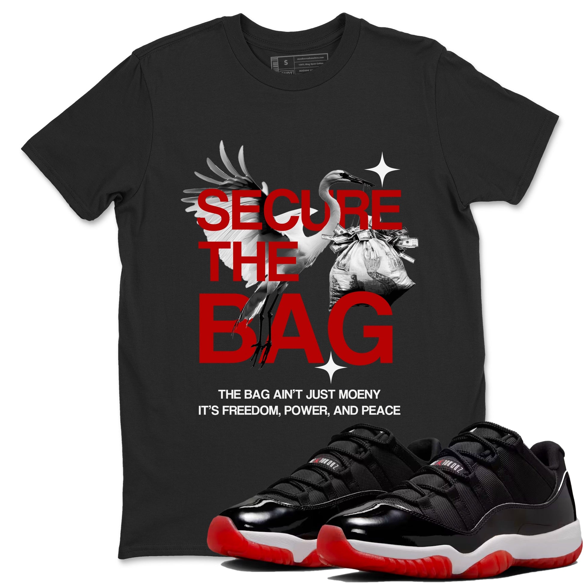 11s Bred shirts to match jordans Secure The Bag sneaker match tees Air Jordan 11 Retro Bred match shoes to clothes SNRT Sneaker Tees unisex cotton Black 1 shirts