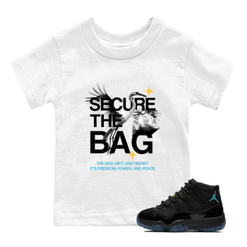 Sneaker match tees – Sneaker Tees To Match Air Jordan 11 Gamma Shoes – Secure The Bag Kids T-Shirt White 1