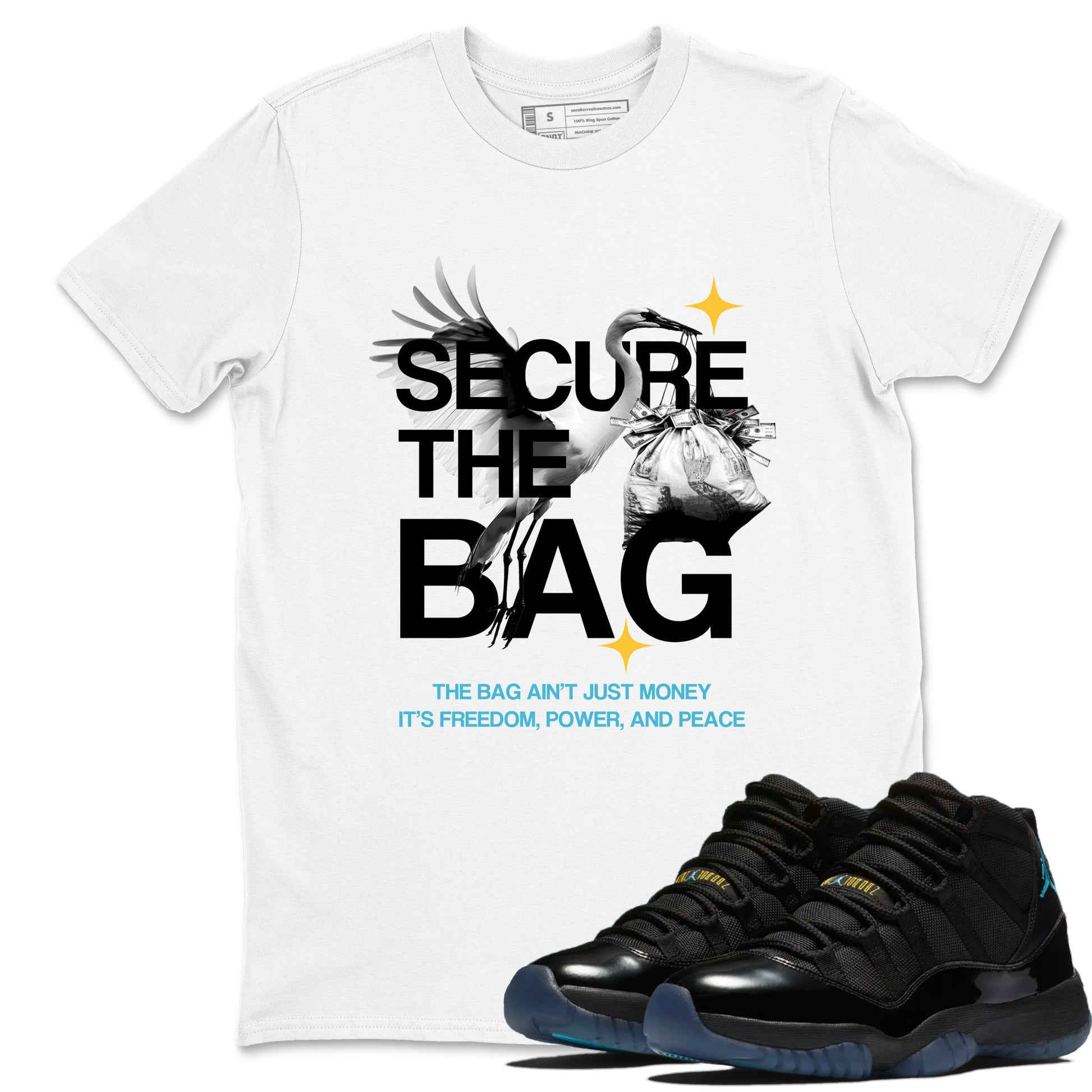 Sneaker match tees – Sneaker Tees To Match Air Jordan 11 Gamma Shoes – Secure The Bag Tee White 1