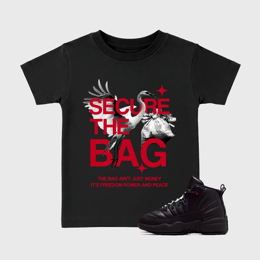 Secure The Bag affordable baby and kids t-shirt designed to match the Air Jordan 12 Retro Bloodline, featuring coordinated Black 1 options for the perfect little sneakerhead streetwear look.