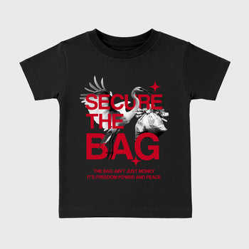 Secure The Bag affordable baby and kids t-shirt designed to match the Air Jordan 12 Retro Bloodline, featuring coordinated Black 2 options for the perfect little sneakerhead streetwear look.