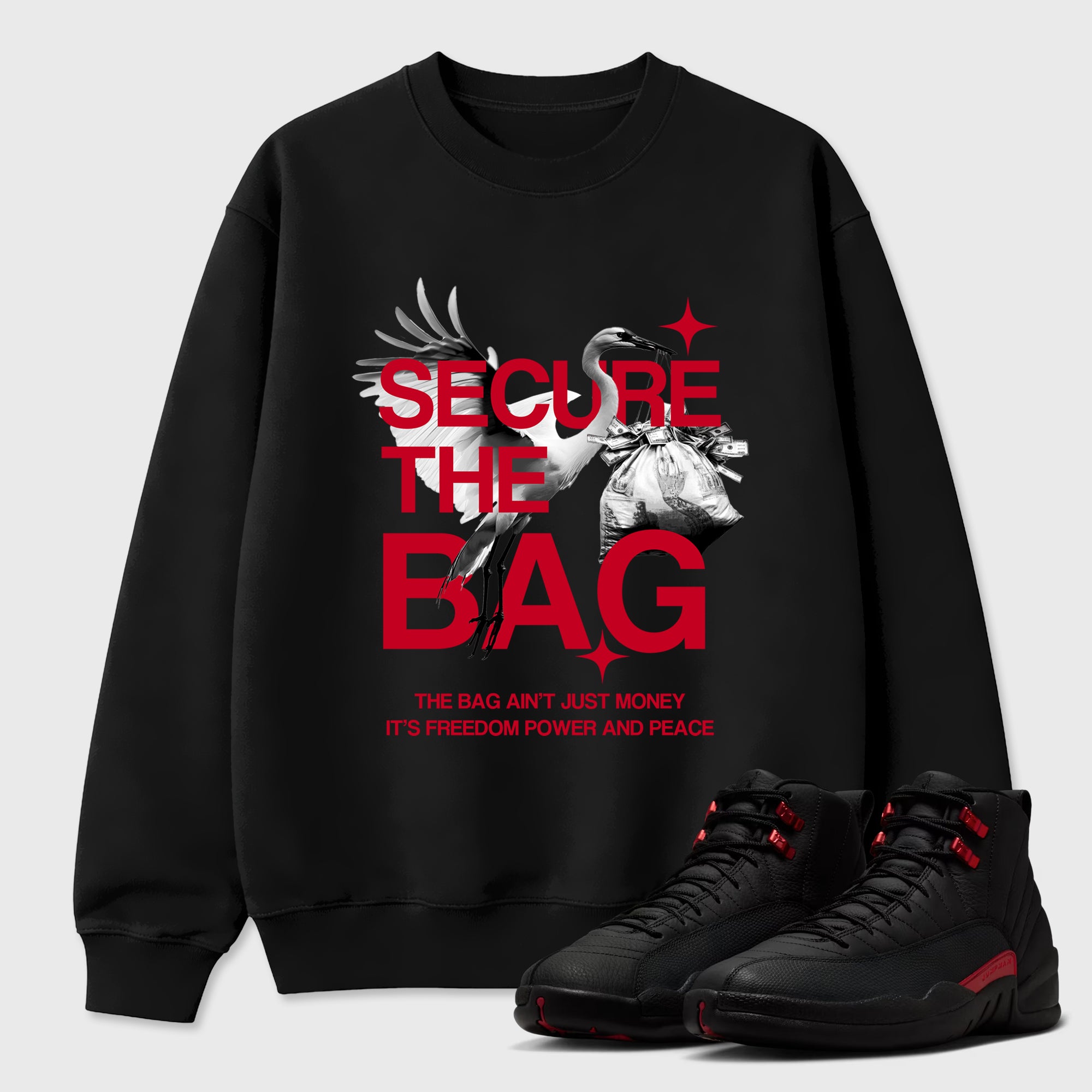 Secure The Bag Graphic T-Shirt sneaker match tee designed for the Air Jordan 12 Retro Bloodline, featuring coordinated color options for a perfect streetwear match. Black 1 shirt.